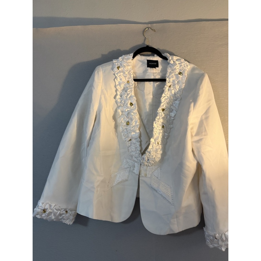 Ashro Jacket Womens 20W White Satin Ruffle Rhinestone Hook Front Lined Wedding
